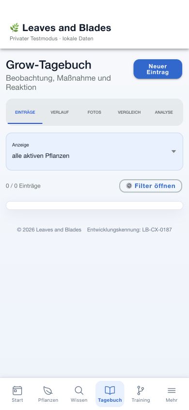 Leeres Grow-Tagebuch im App-Prototyp